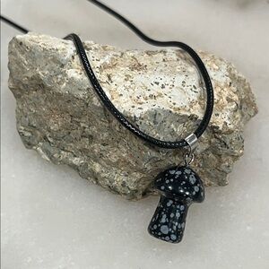 Black and White Snowflake Obsidian Mushroom Pendant Necklace